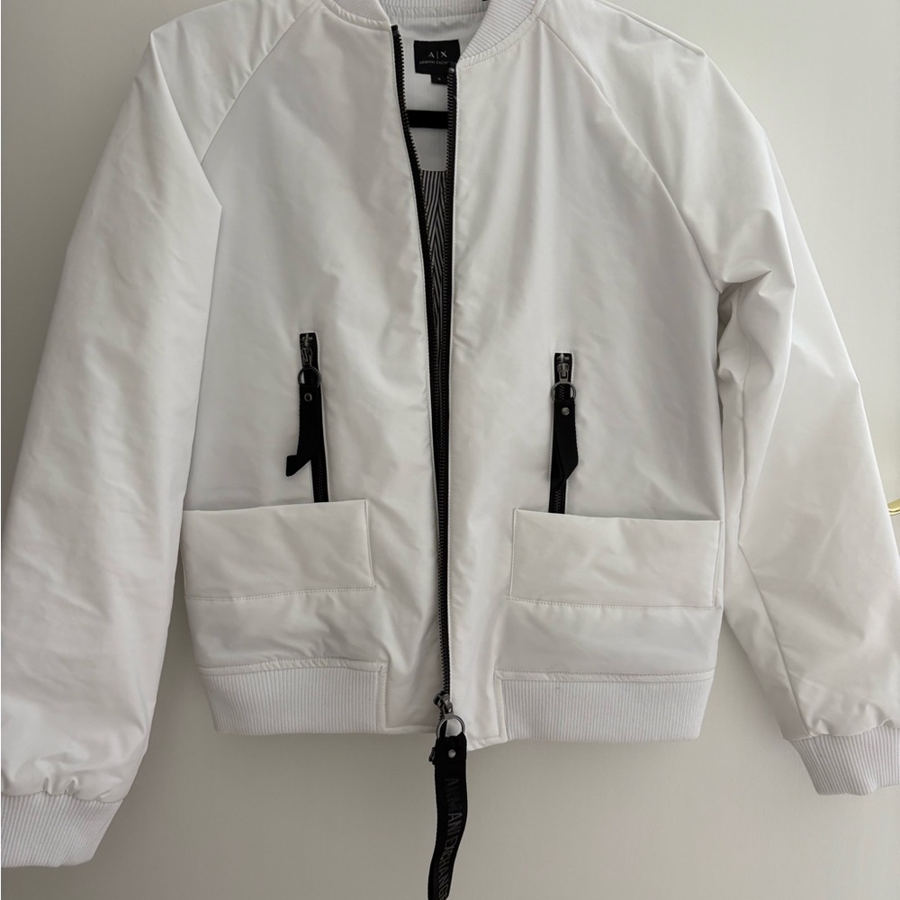 Armani Exchange White Bomber Jacket with Black Accents